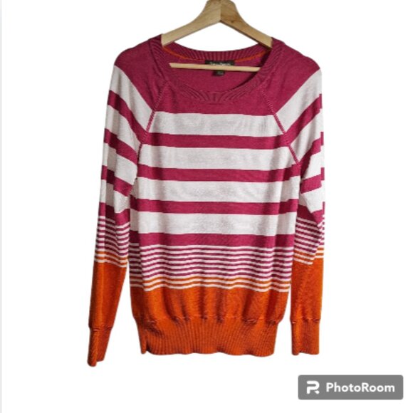 Tommy Bahama Pink, White and Orange Striped ColorBlock Sweater Size Medium - Picture 2 of 8